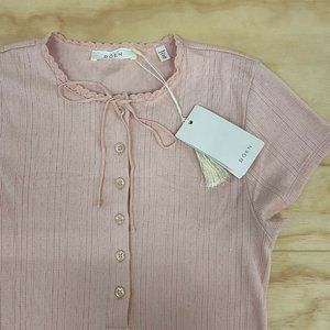 NWT Doen Pointelle Tee with Button Placket and Dainty Tie